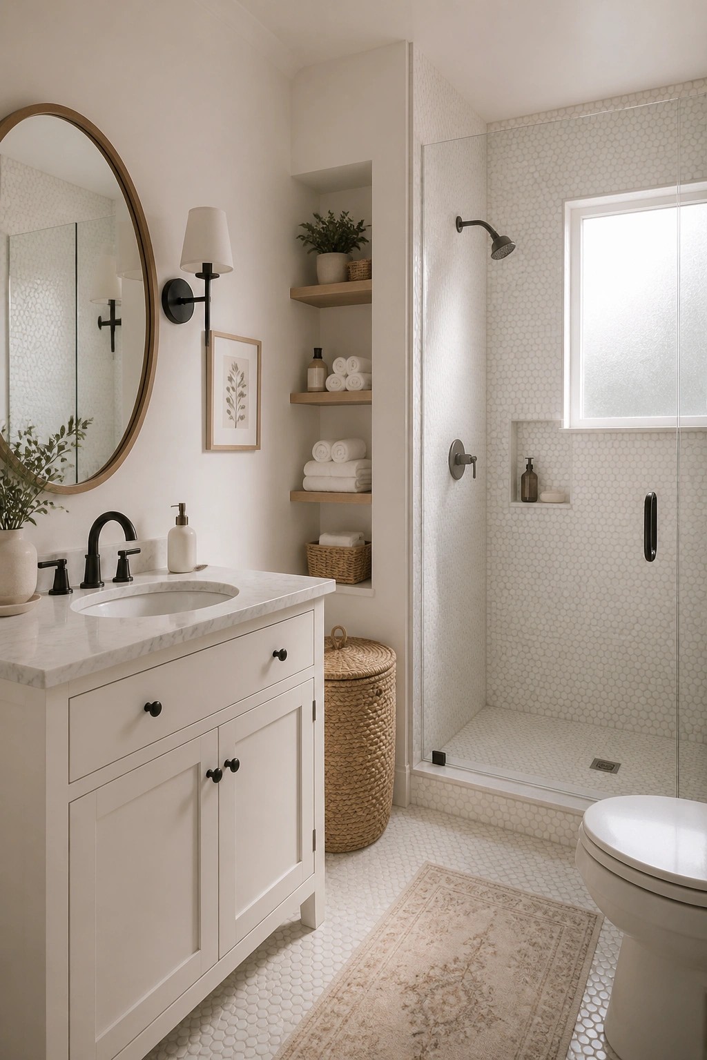 Light warm white walls in a small bathroom with a white vanity and tiled shower.