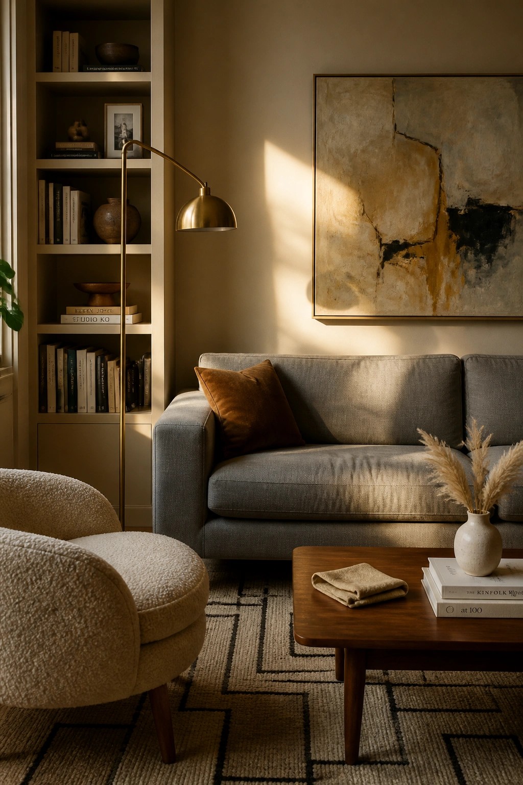 Light warm greige walls in a living room with a gray sofa.