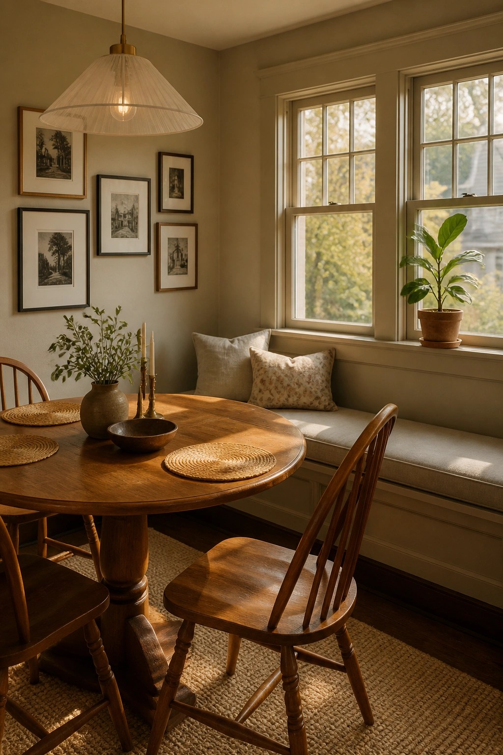 Light warm greige walls in a wood furnished dining space with a window seat.