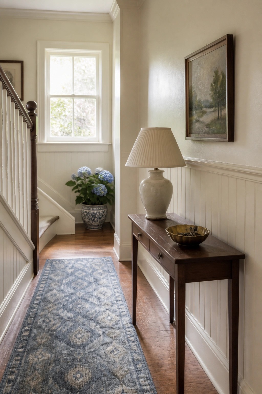 A light warm off-white painted hallway with a console table and wood floors.