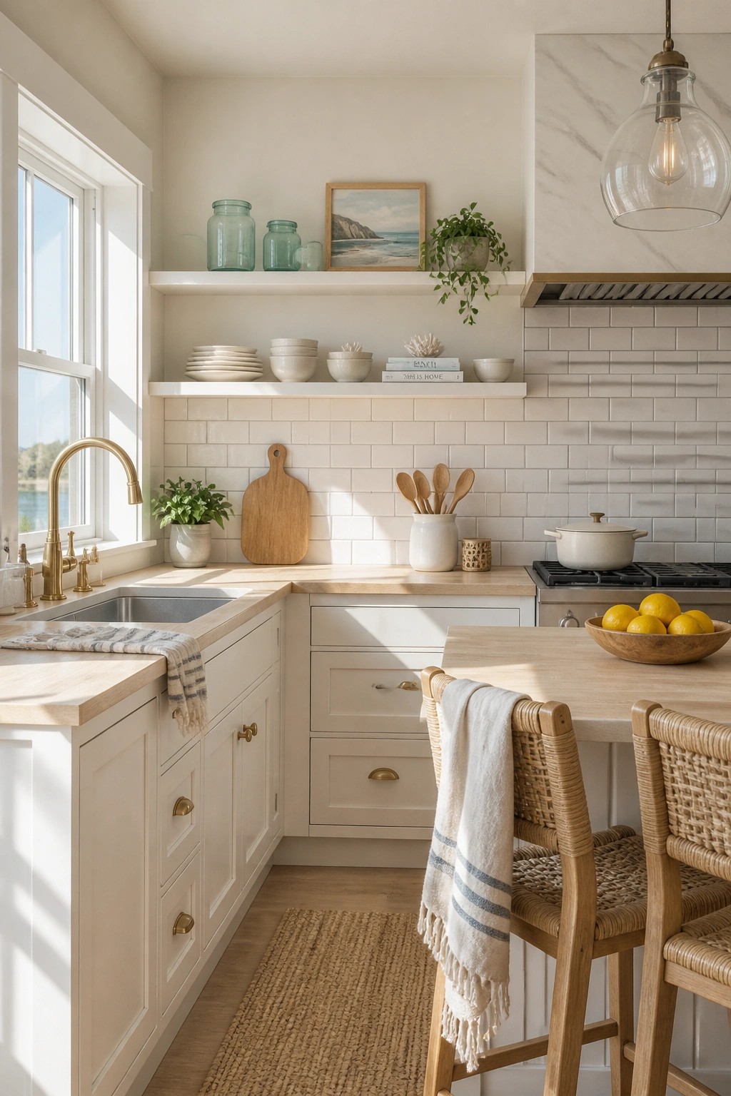 Light warm neutral paint on kitchen walls and cabinets.