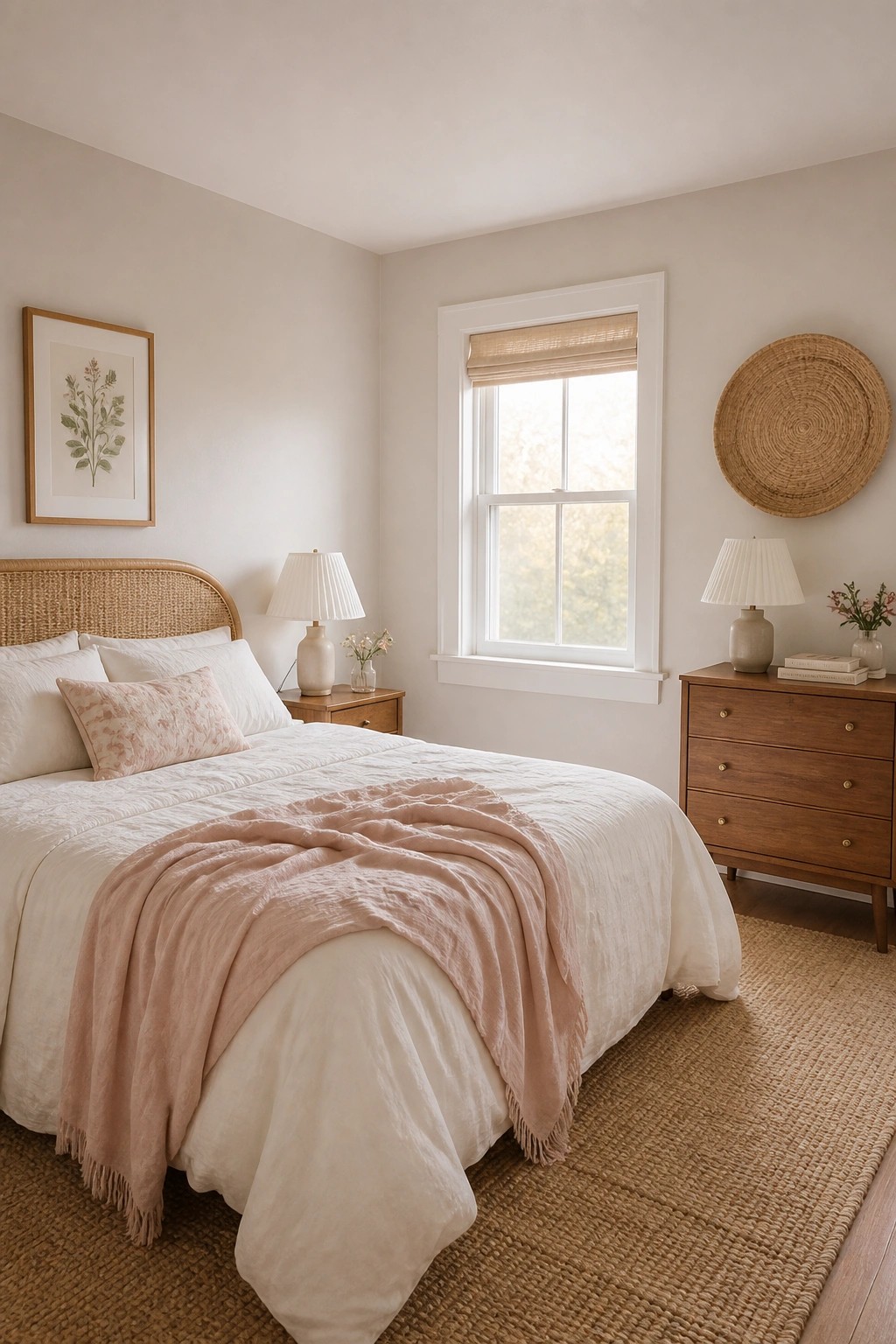 A bedroom with light warm off-white walls and simple wood furniture.