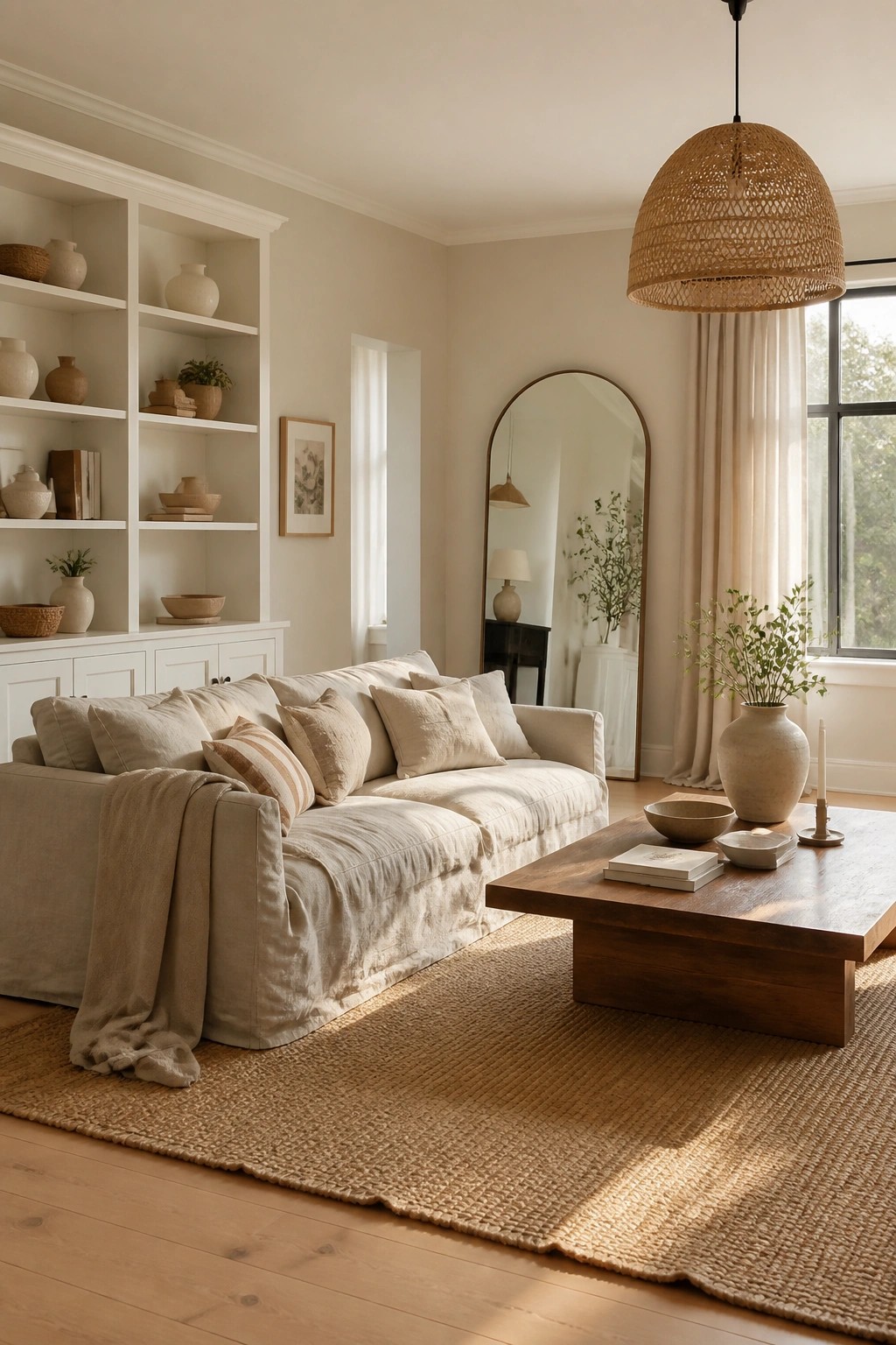 Living room with light warm off-white walls and wood flooring.