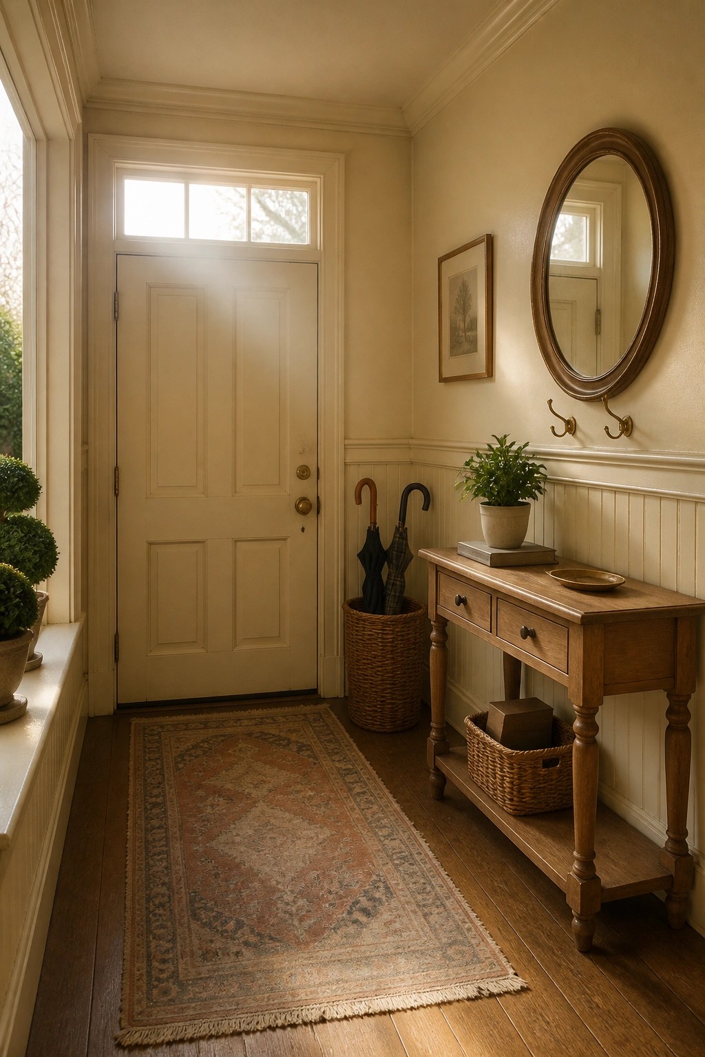 Light warm neutral walls in a traditional entry hallway with wood console and rug.