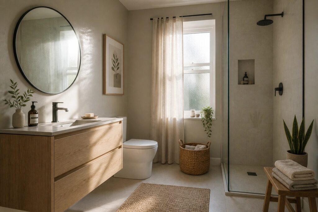20 Chic Neutral Bathroom Paint Colors for Minimal Spaces That Still Feel Warm Bathroom walls painted in a soft warm beige.