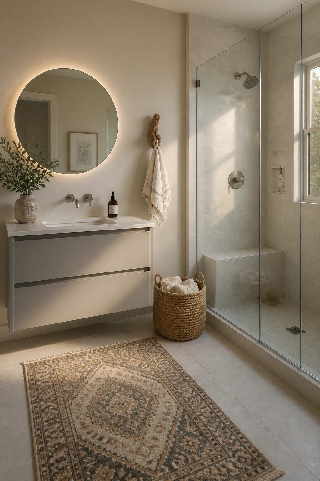 Bathroom walls painted in a light warm beige with a floating vanity and tiled shower area.