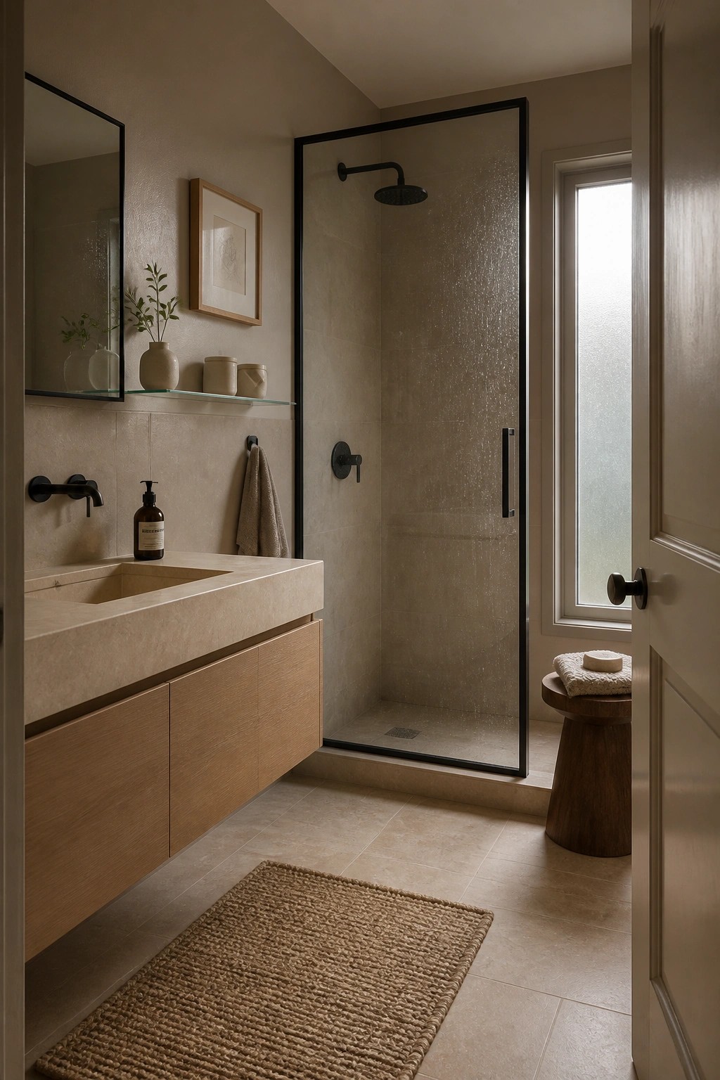 Soft greige walls in a minimalist bathroom with wood vanity and tiled shower.