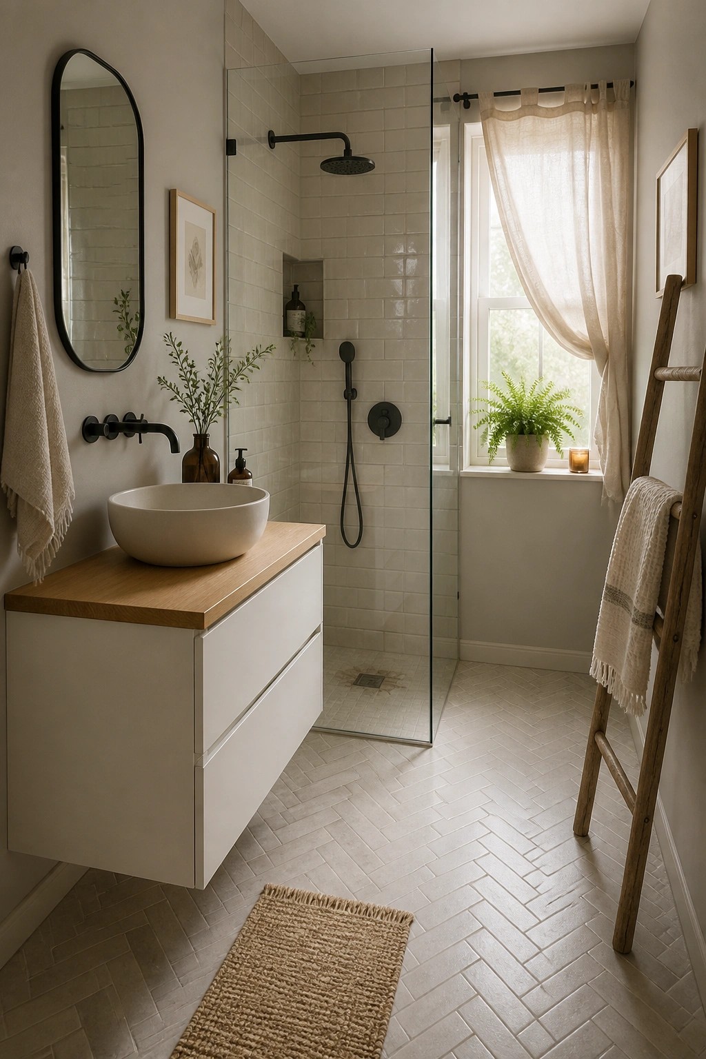 Bathroom walls painted in a soft light greige.