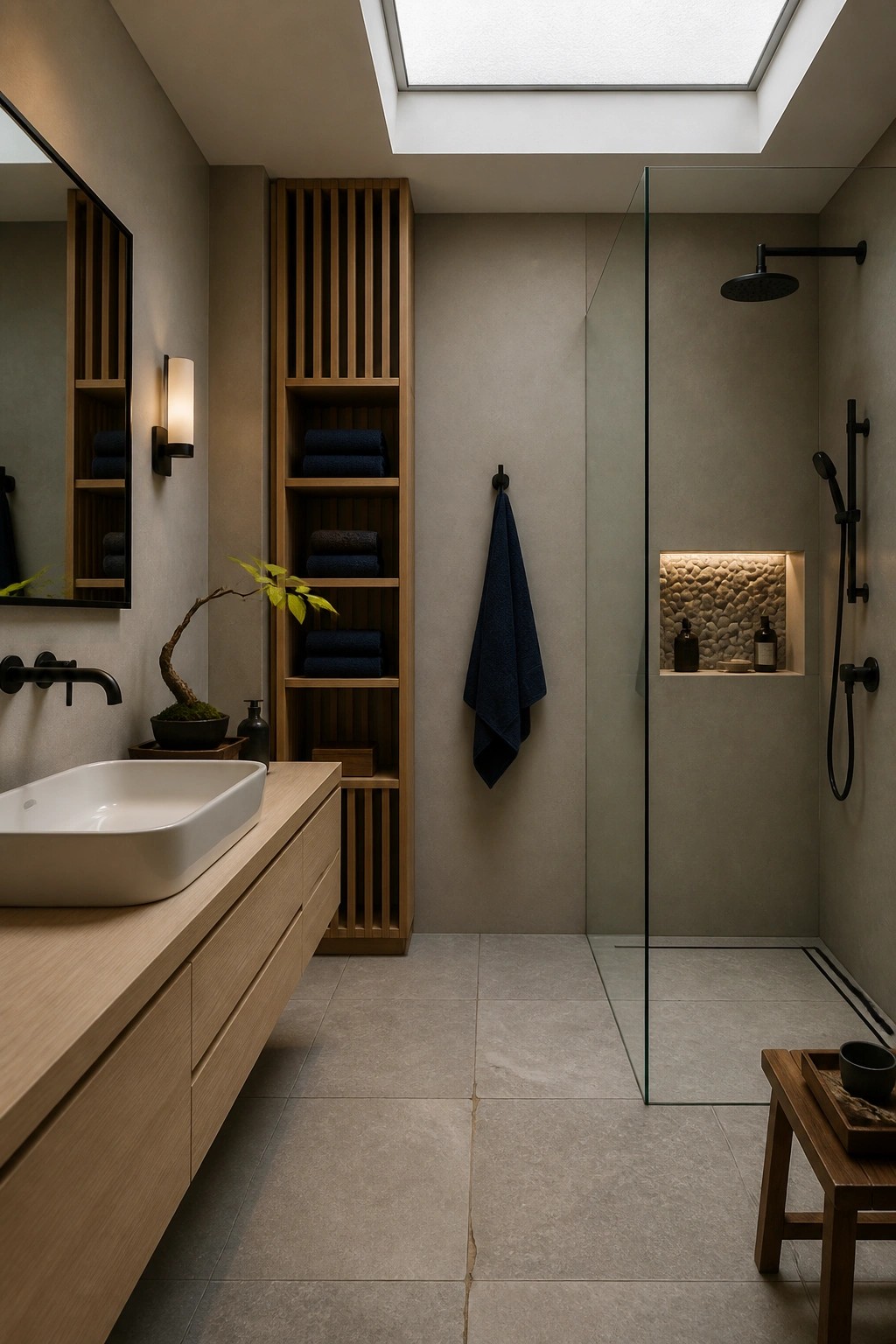 Bathroom with soft greige walls and light wood vanity.