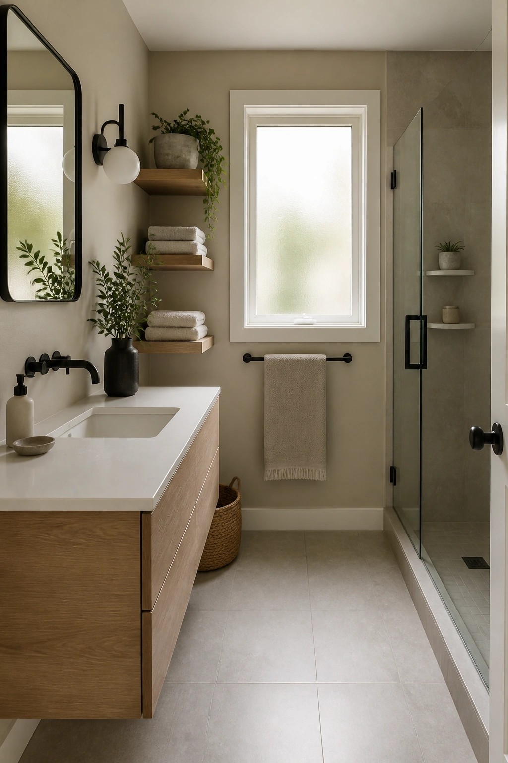 Modern bathroom with floating wood vanity, towel shelves, window, and glass shower.