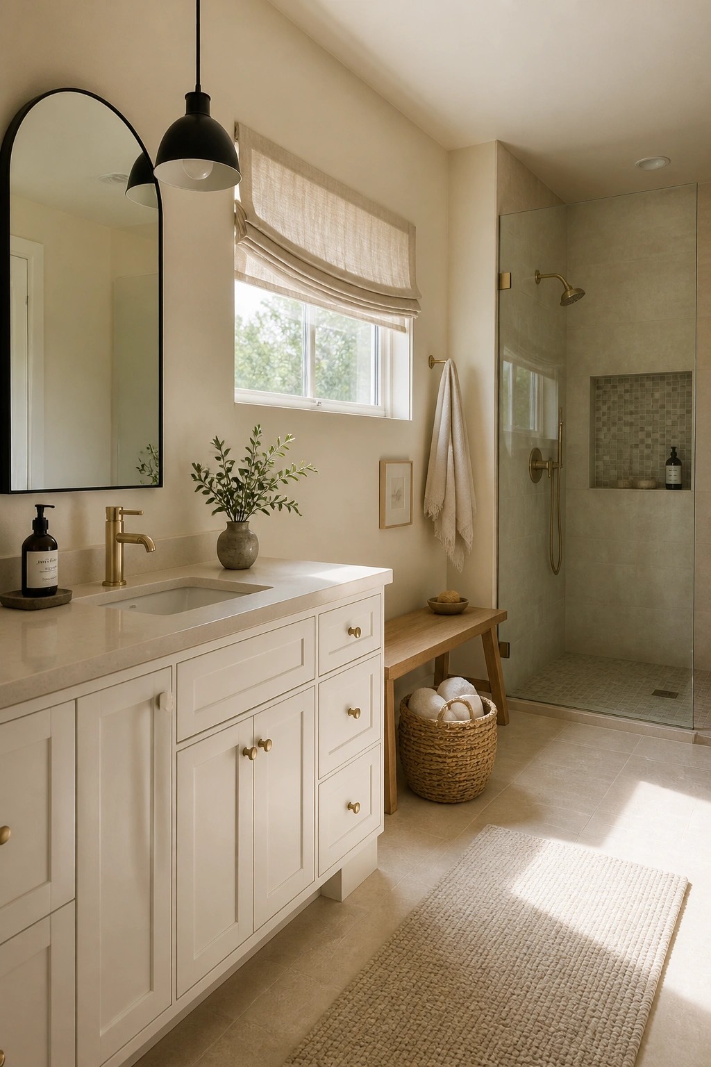 Modern bathroom with white vanity, gold fixtures, arched mirror, and tiled shower