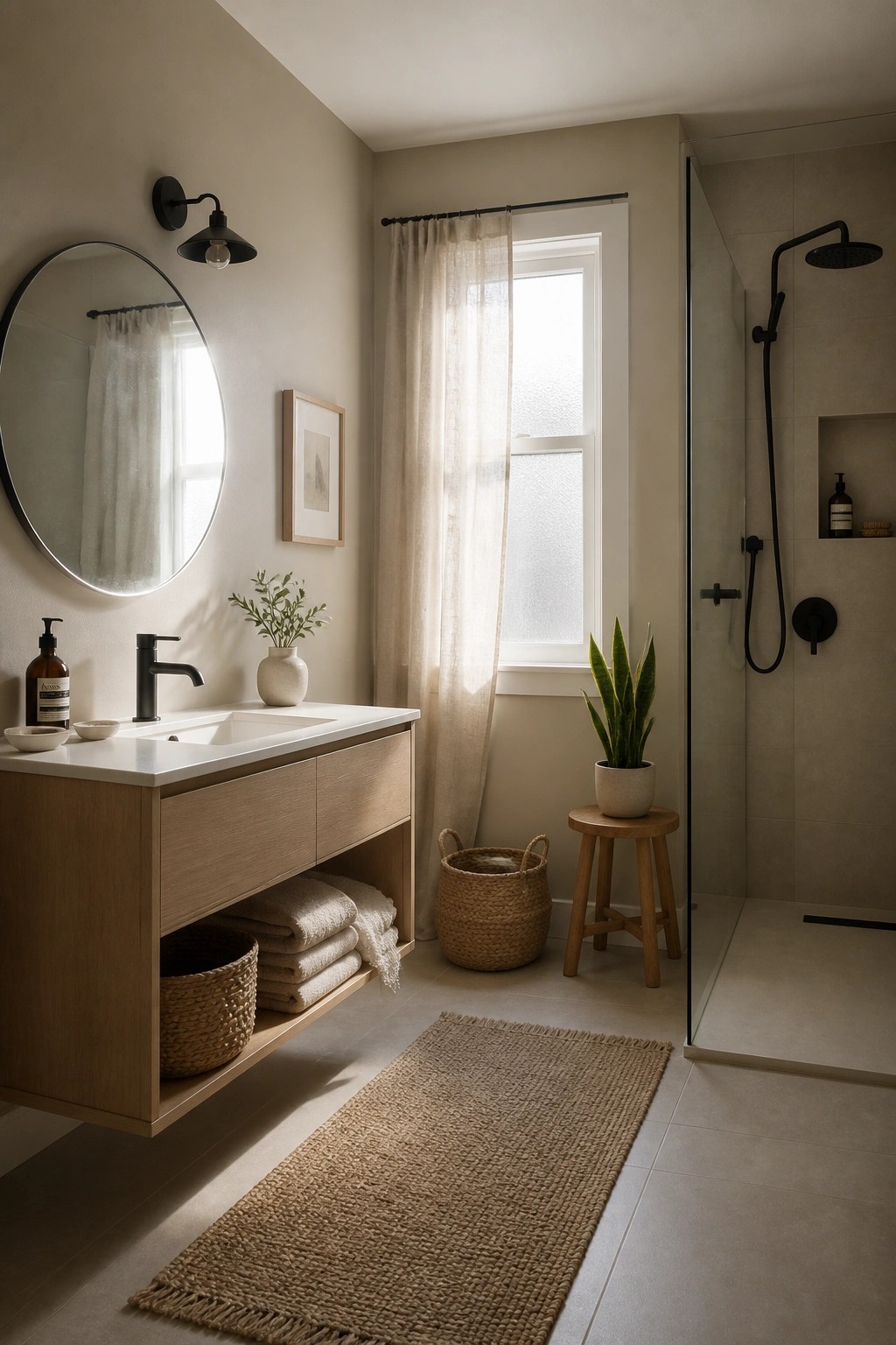 Bathroom walls painted in a soft warm beige.