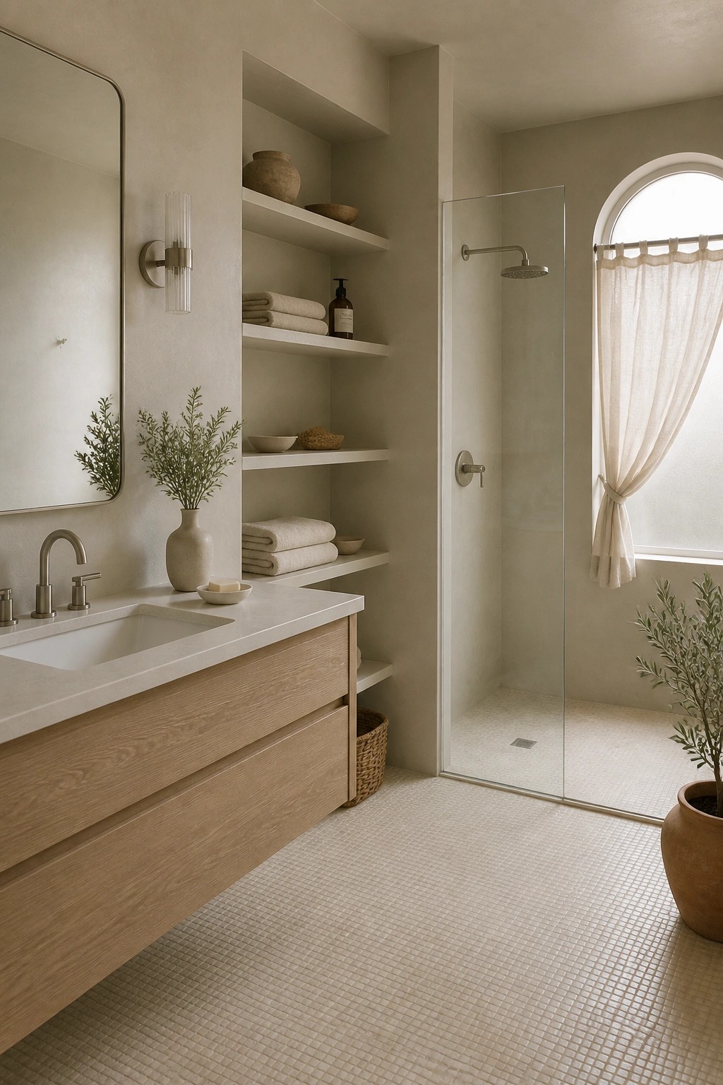 Bathroom walls painted in a soft warm beige next to a light wood vanity and open shelving.