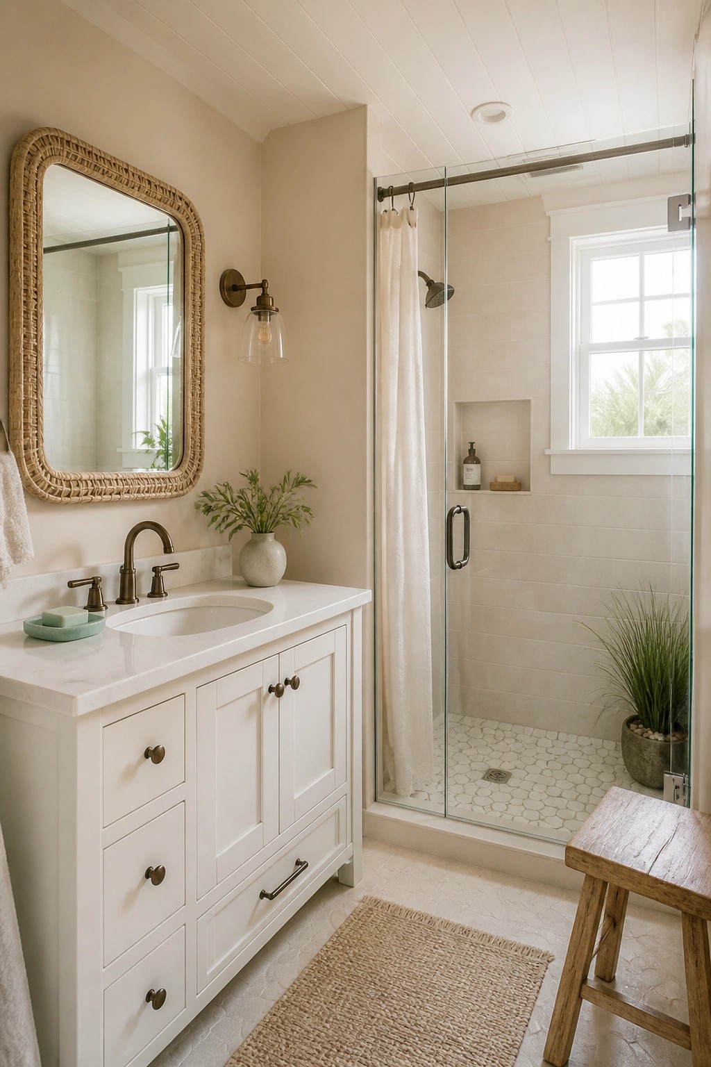 Bathroom with warm beige walls and a white vanity.