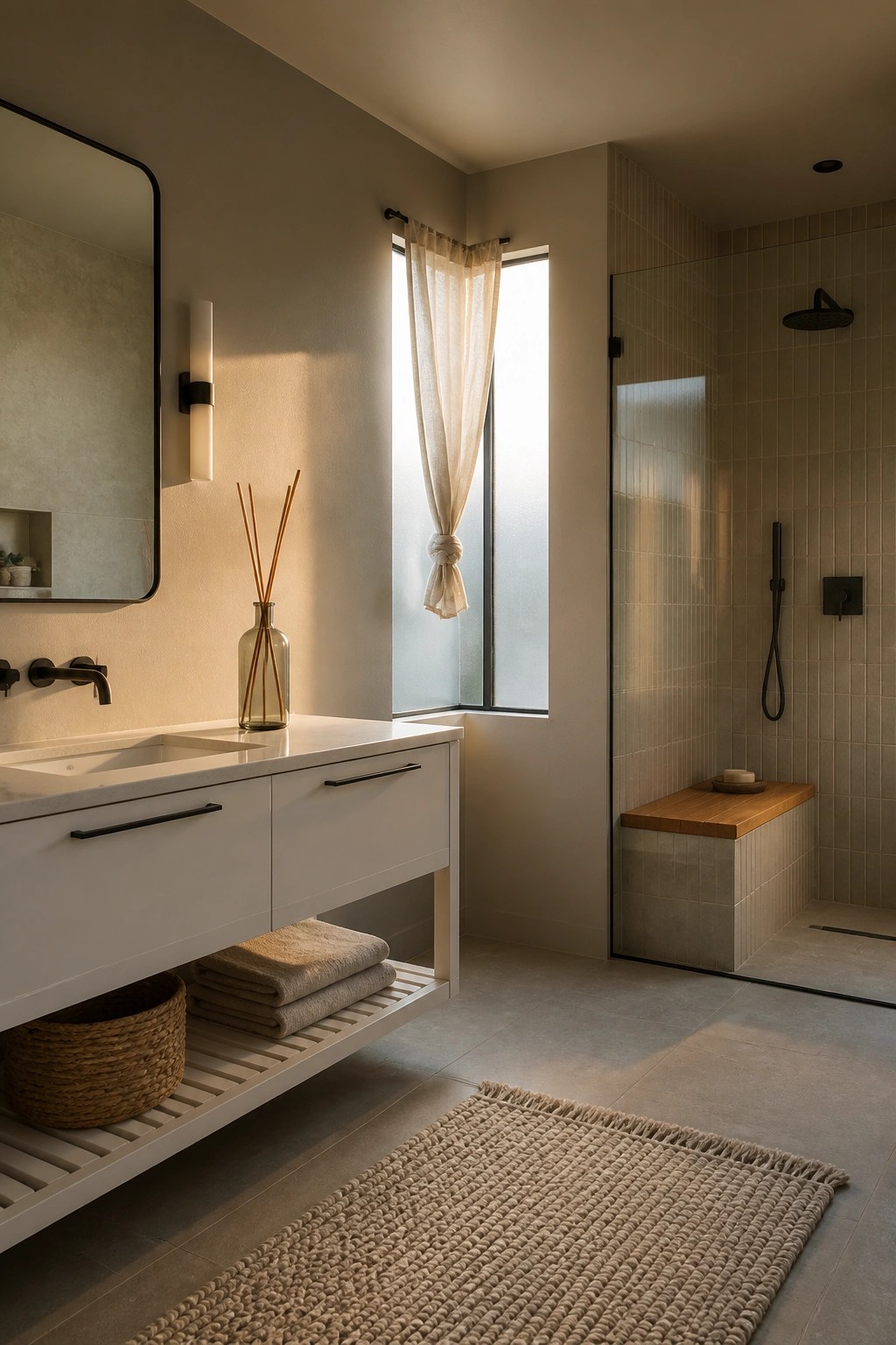 Bathroom with warm greige walls, white vanity, and tiled shower enclosure.