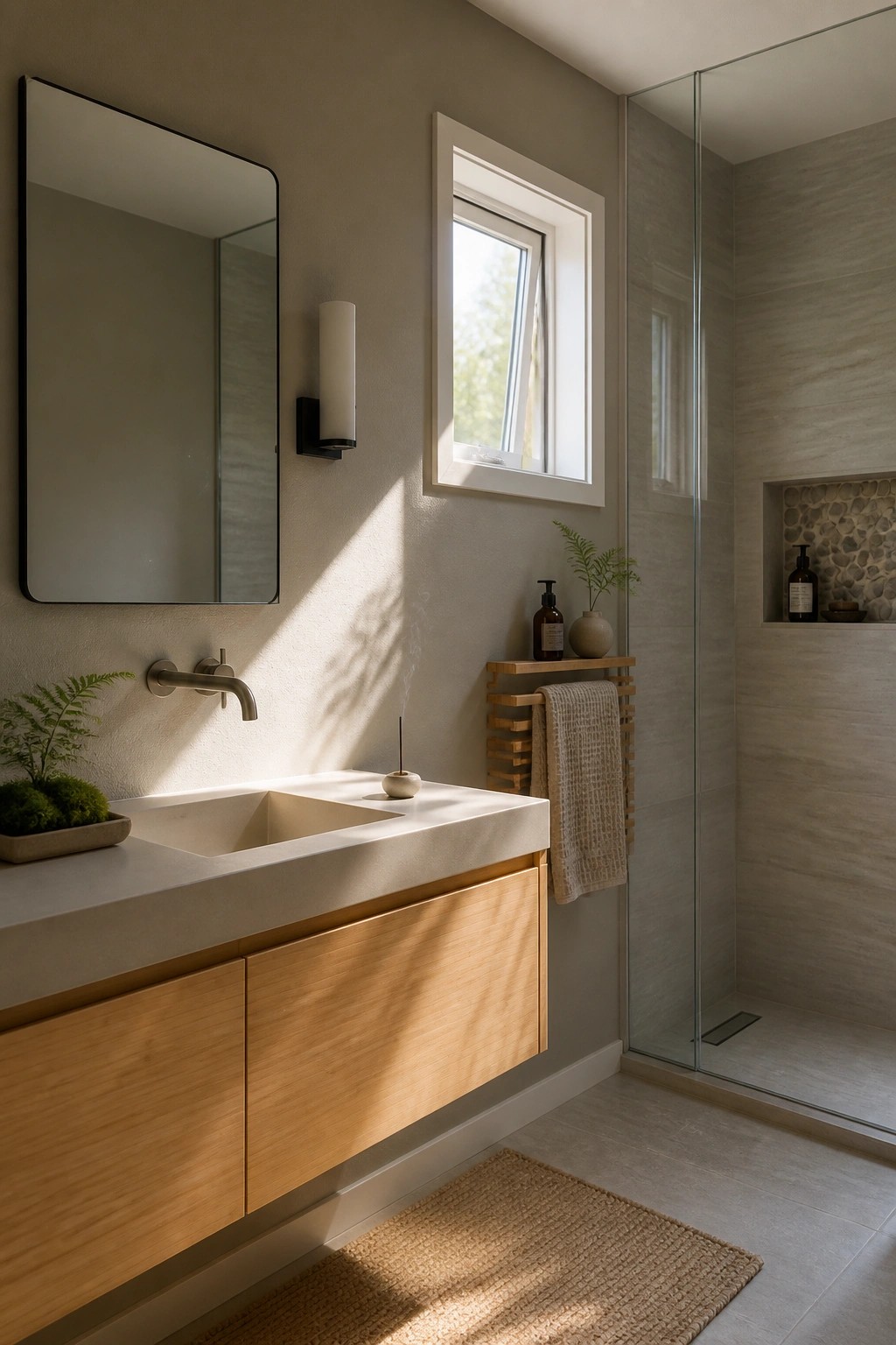 A bathroom with warm greige walls and a floating wood vanity.
