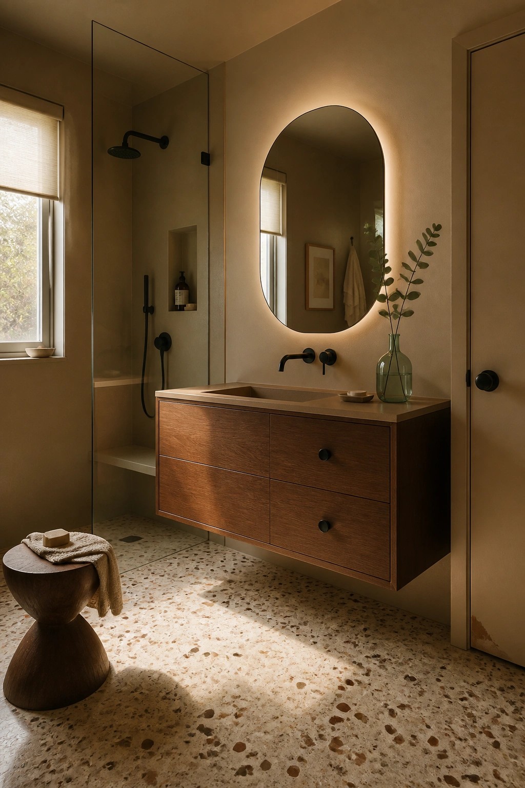 A bathroom with warm greige walls and a floating wood vanity.