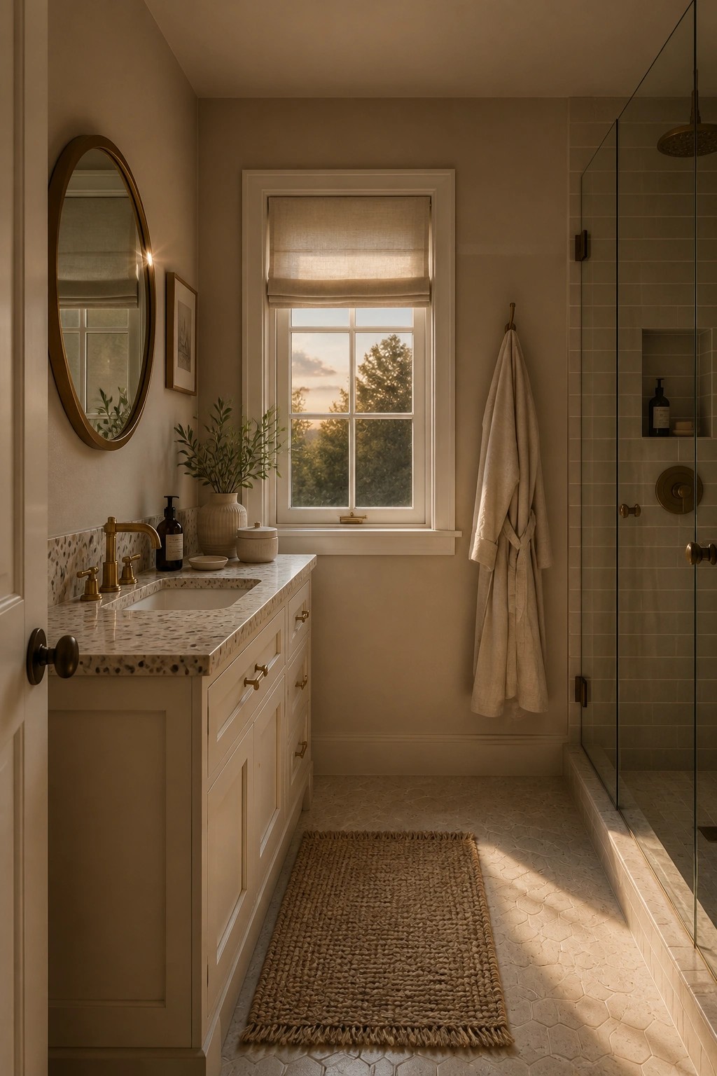 A bathroom with warm greige walls, white trim, and a window with a linen shade.