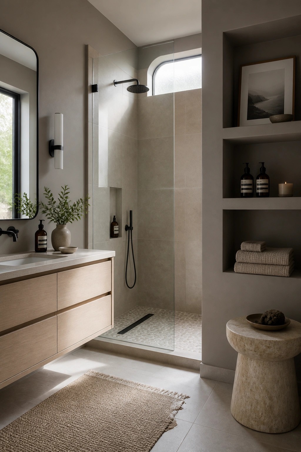 A bathroom with warm greige walls and a light wood vanity.