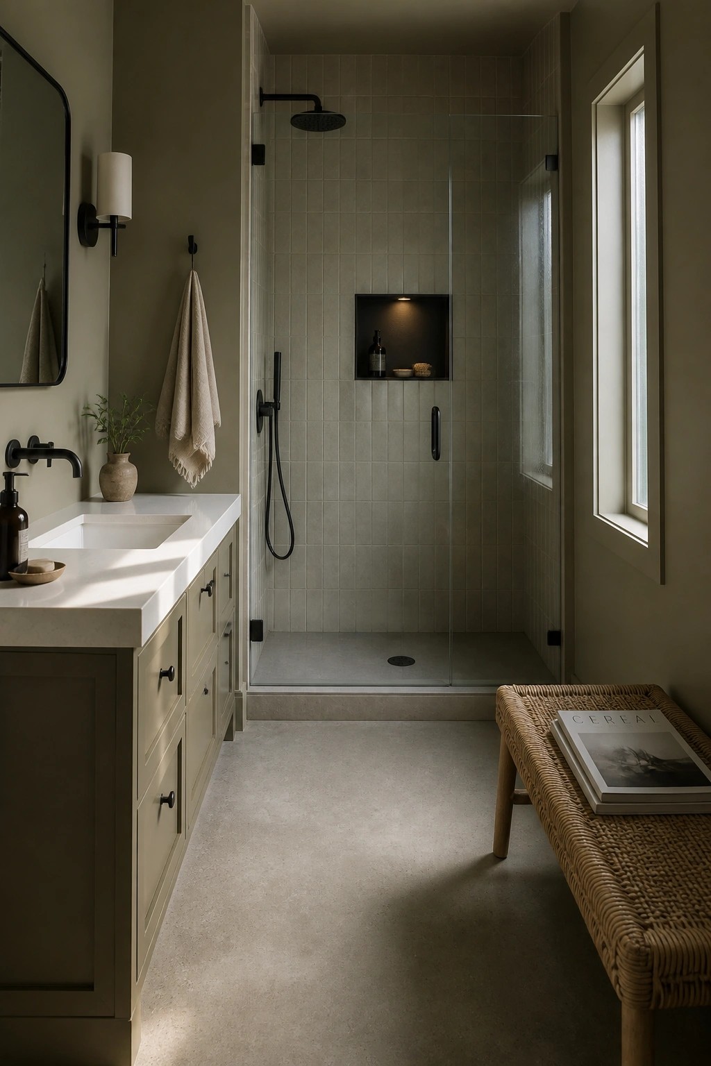 Bathroom with warm greige walls and a glass shower enclosure.