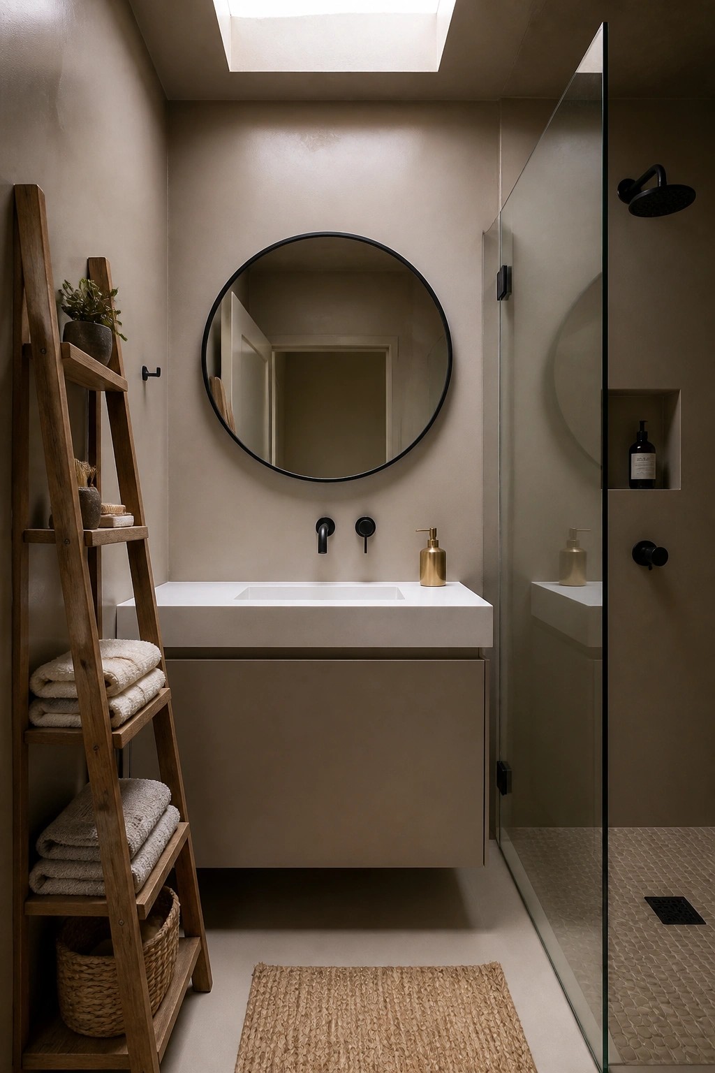 A small bathroom with warm greige walls and a white floating vanity.
