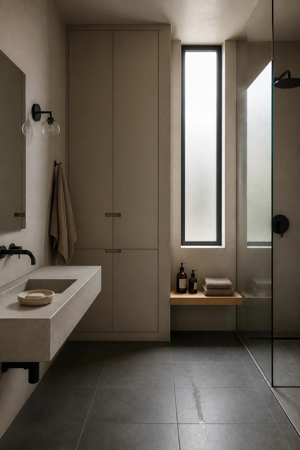A minimalist bathroom with warm greige walls and cabinetry.