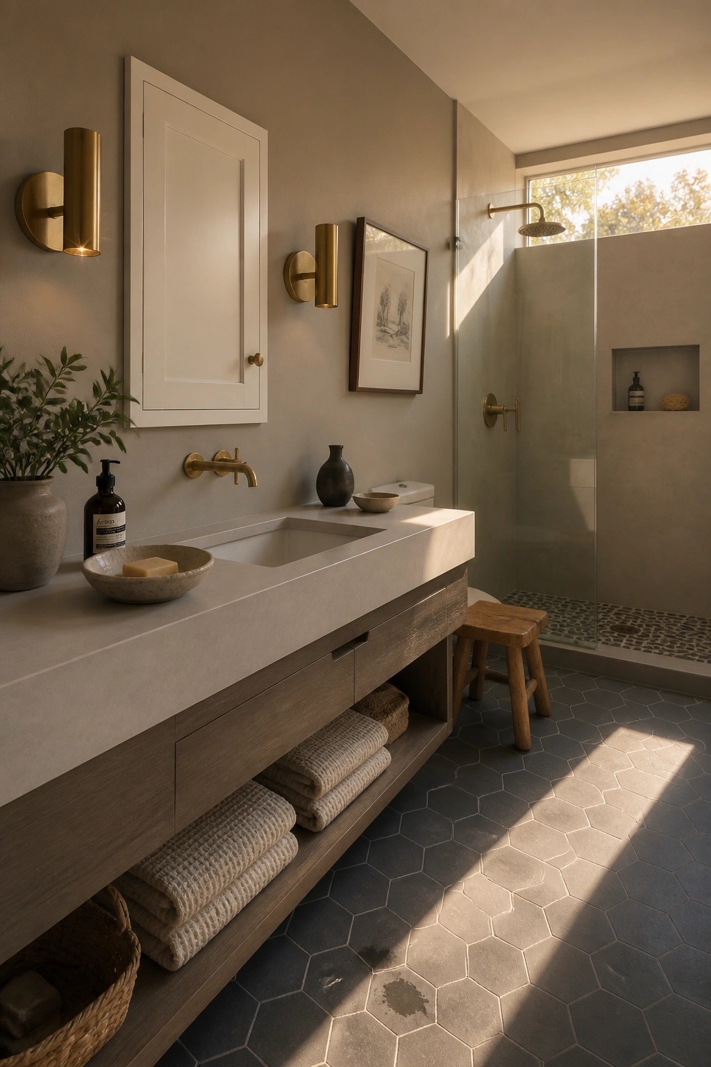 Bathroom walls painted in a soft warm greige with a concrete vanity and wood storage.