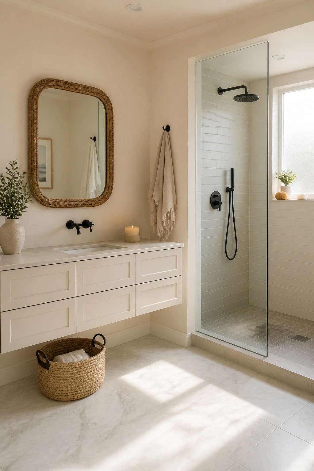 A bathroom with warm beige walls and a white floating vanity.