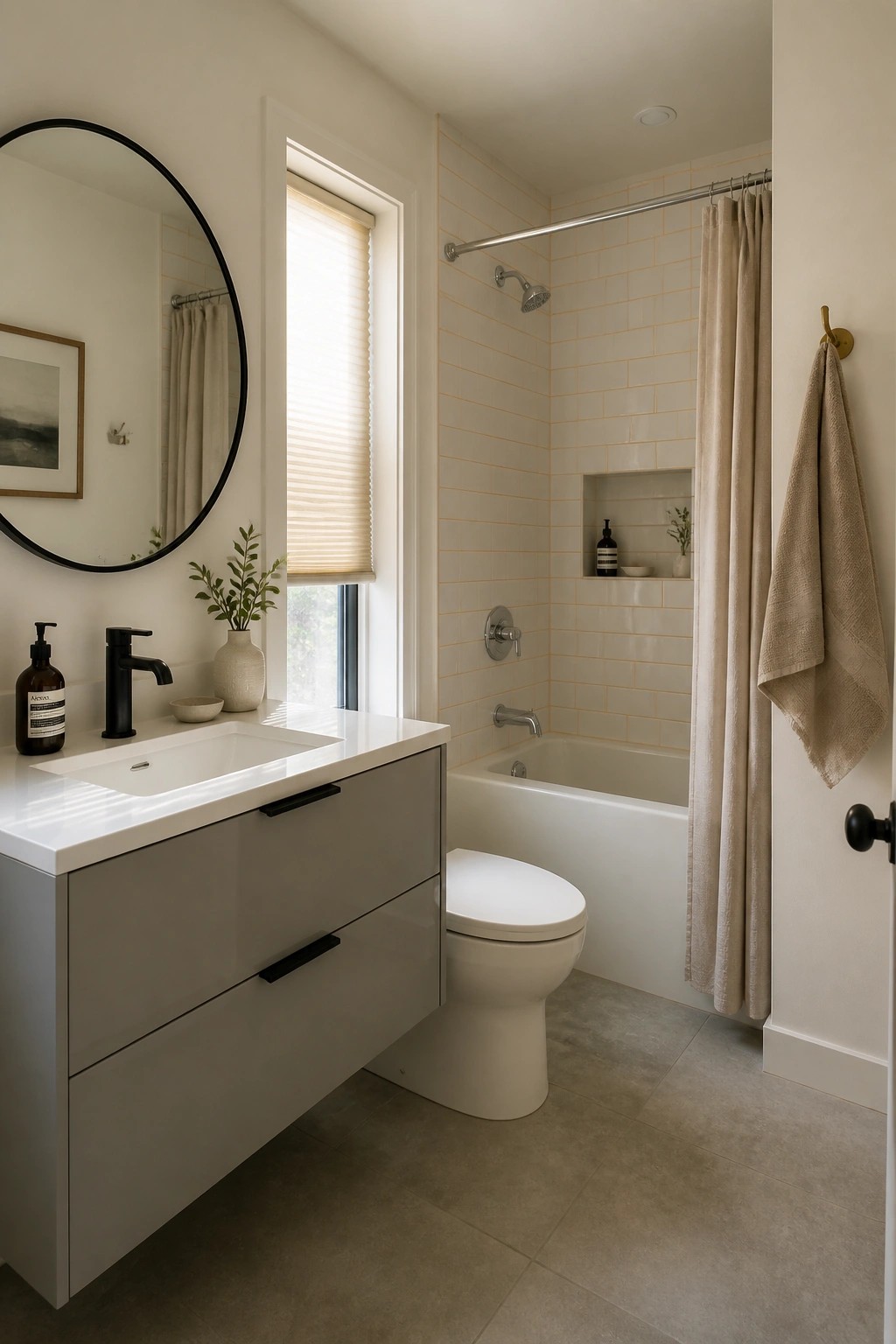 Bathroom walls painted in a soft warm off-white neutral.