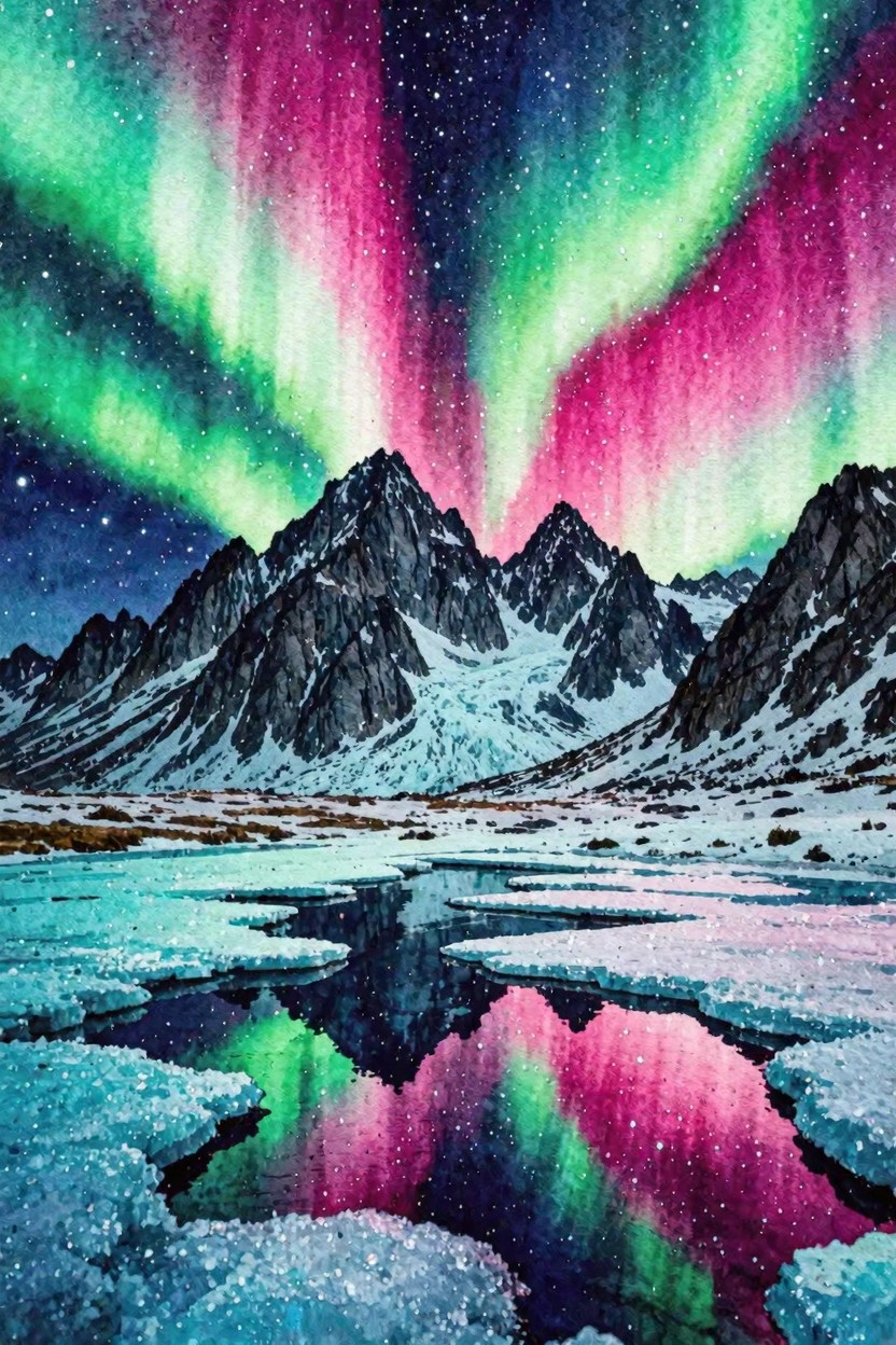 Vibrant watercolor aurora borealis above snow-capped mountains reflecting in icy lake