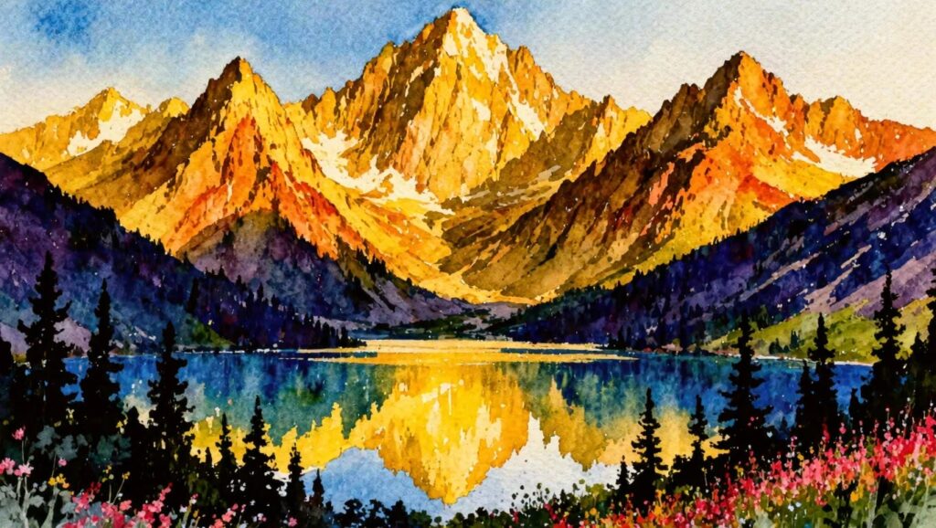 19 Dramatic Mountain Landscape Painting Ideas for Layered Peaks and Shadows Watercolor of golden mountains reflected in blue alpine lake with pine trees and flowers.