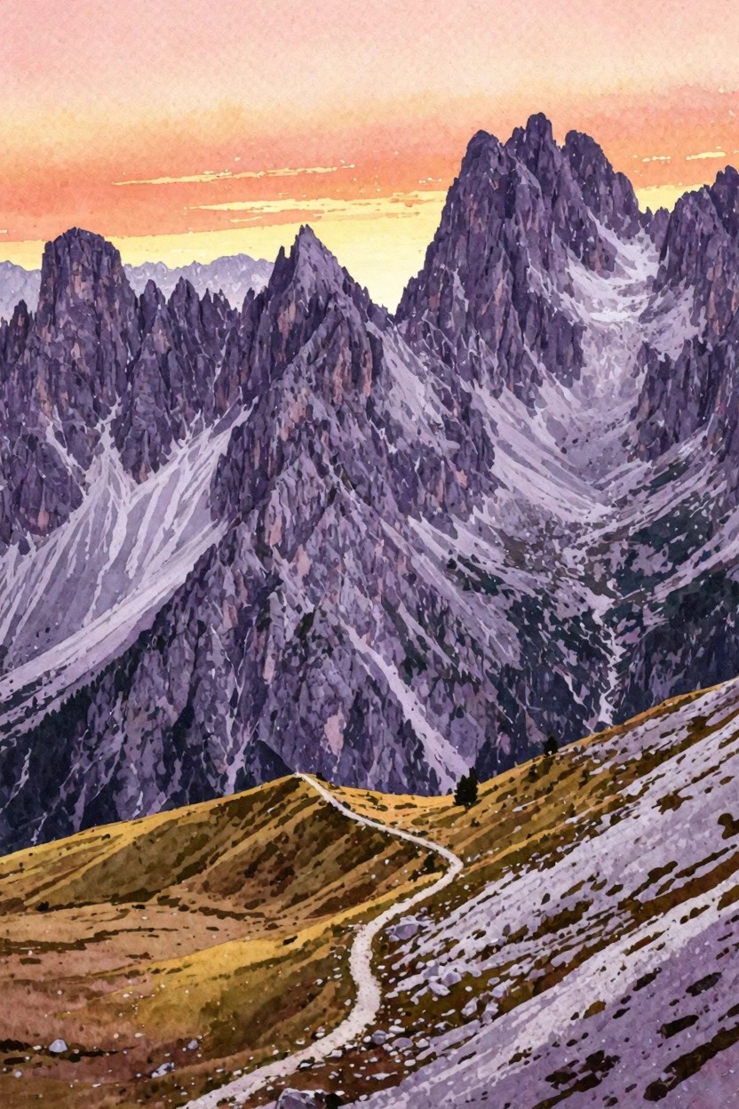 Watercolor of jagged purple mountains at orange sunset with winding foreground path