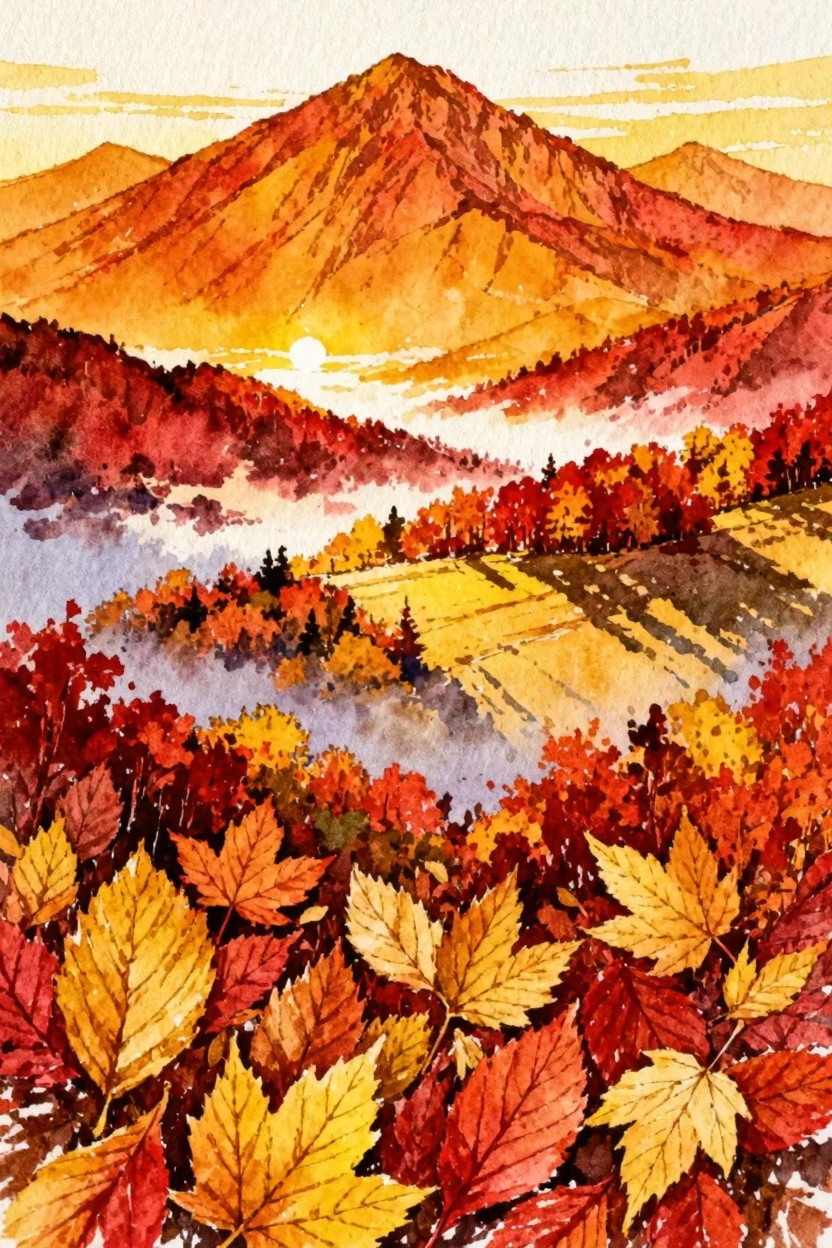 Watercolor of vibrant autumn mountains with misty valleys, golden fields, and fall leaves.