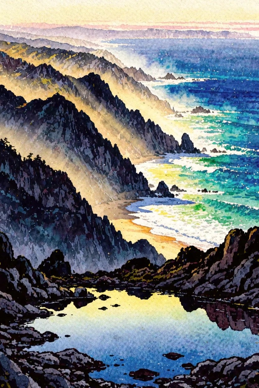 Vivid watercolor of rugged cliffs, turquoise waves, sandy cove, and golden reflections.