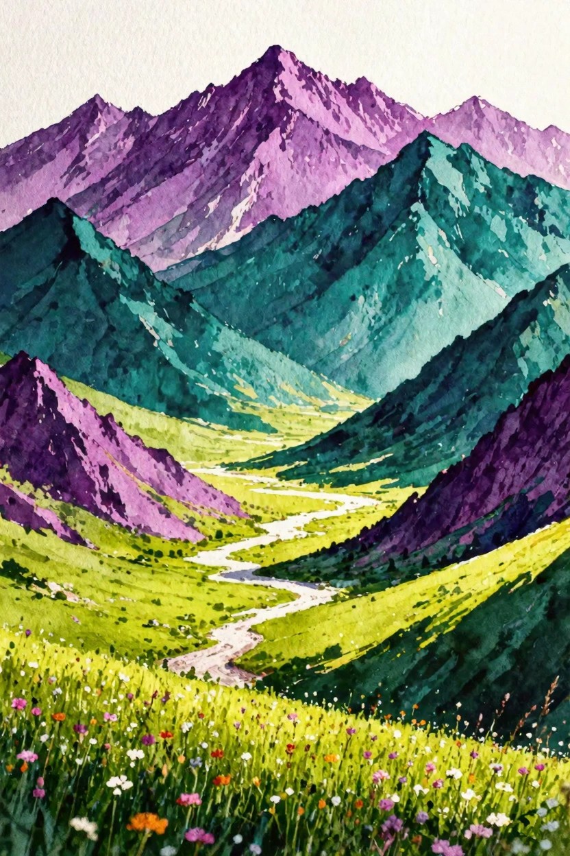Vibrant watercolor of purple mountains, winding river, green valley, and wildflower meadow.