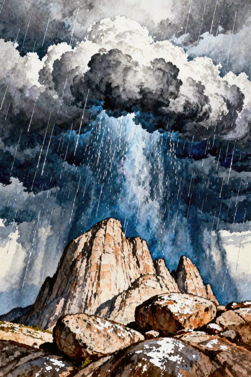 Watercolor of rain falling from dark clouds over rugged rocky mountains.