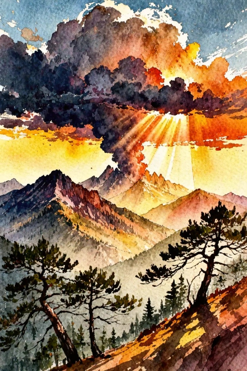 A watercolor painting of mountains with sunlight rays breaking through dark clouds and pine trees in the foreground.