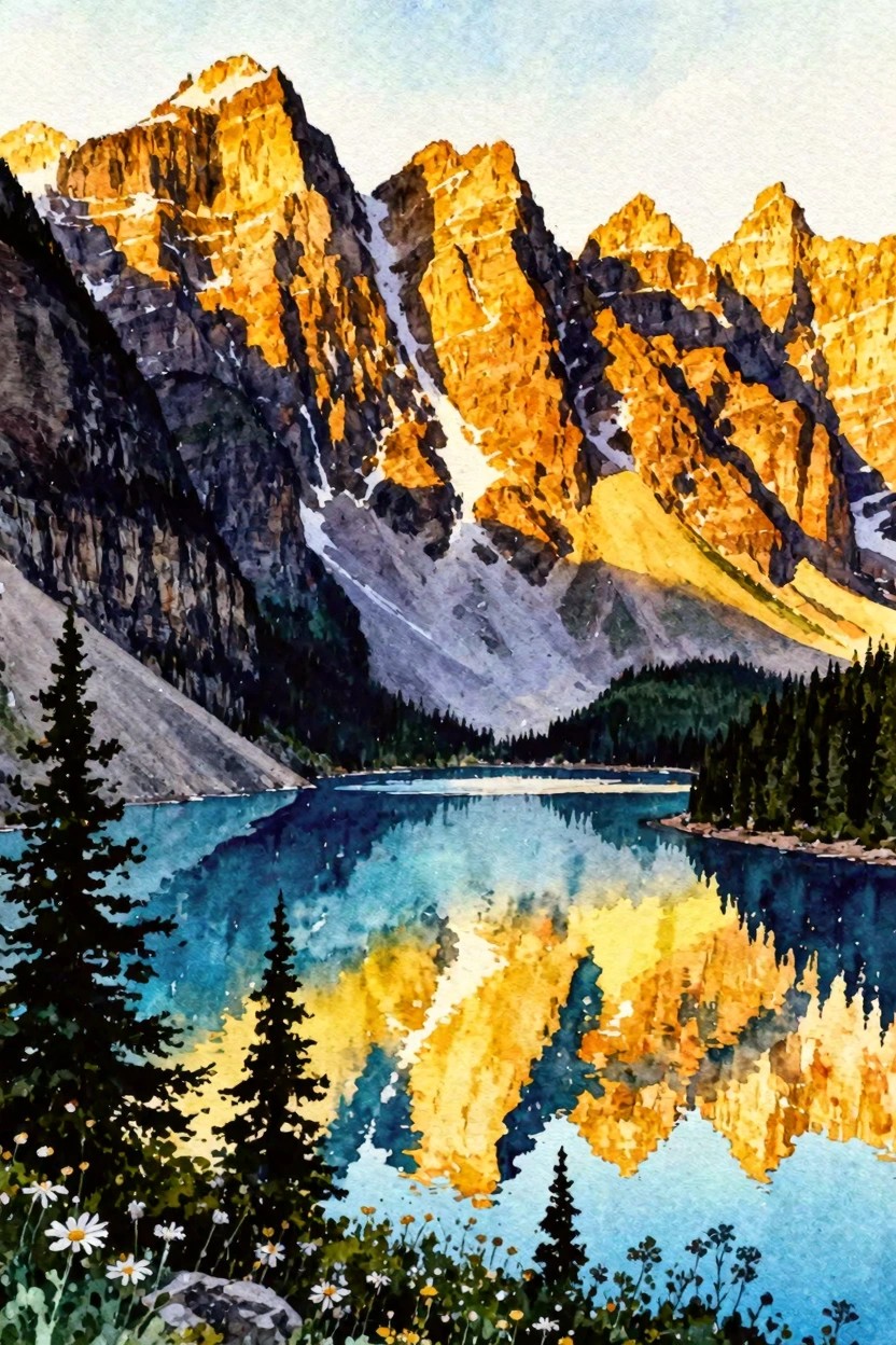 Watercolor of golden mountains reflected in blue alpine lake with pine trees and flowers.