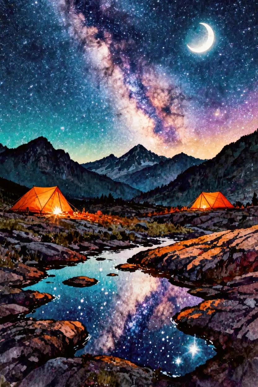 Two glowing orange tents by a stream under starry Milky Way and mountains