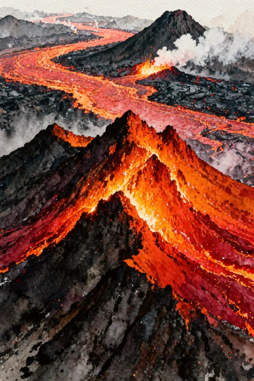Watercolor landscape of glowing lava rivers winding through erupting dark volcanic mountains with smoke.