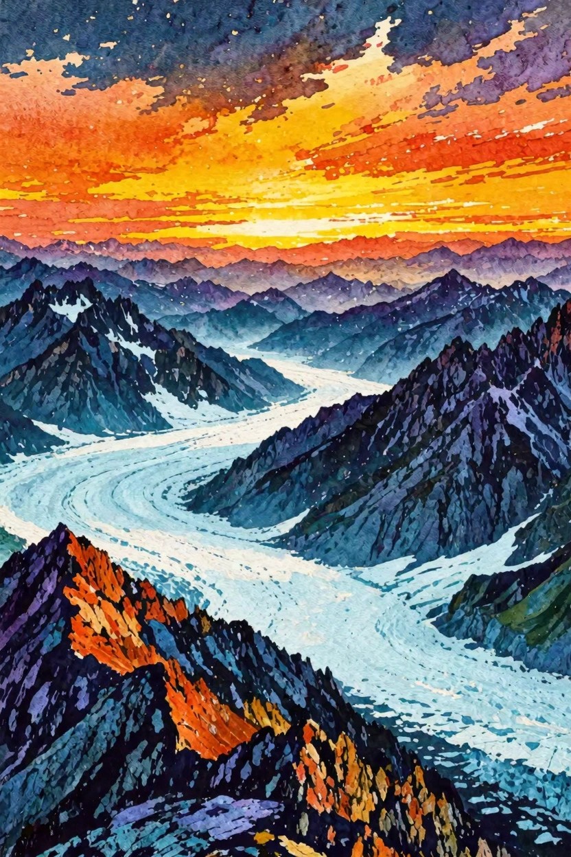 Vibrant watercolor of jagged mountains and winding glacier beneath fiery sunset sky
