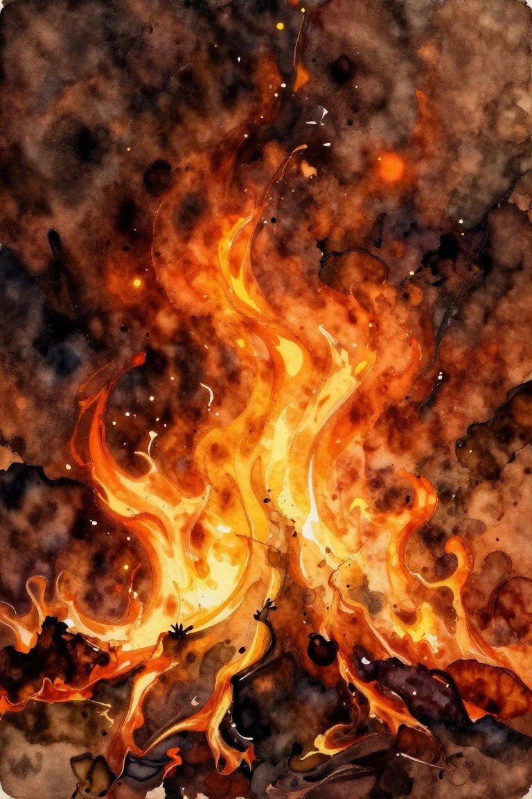 Vibrant orange-yellow flames swirl upward against a dark smoky watercolor background.