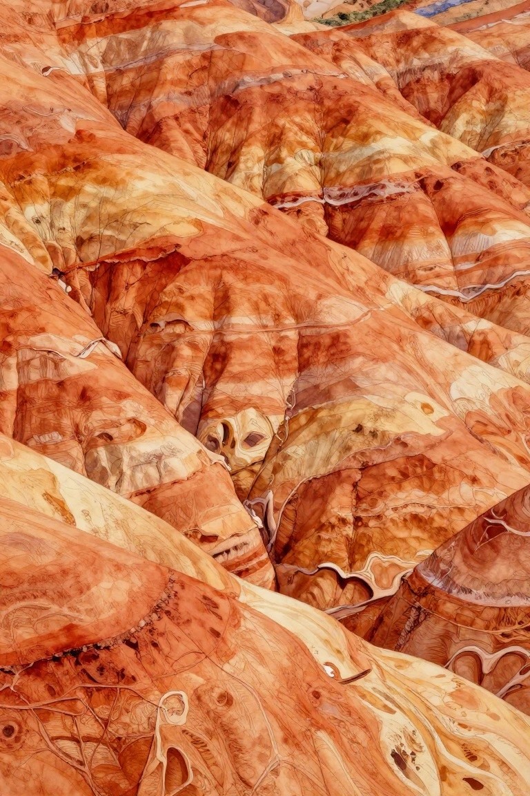 Eroded hills with vibrant layered patterns in orange, red, and beige hues.