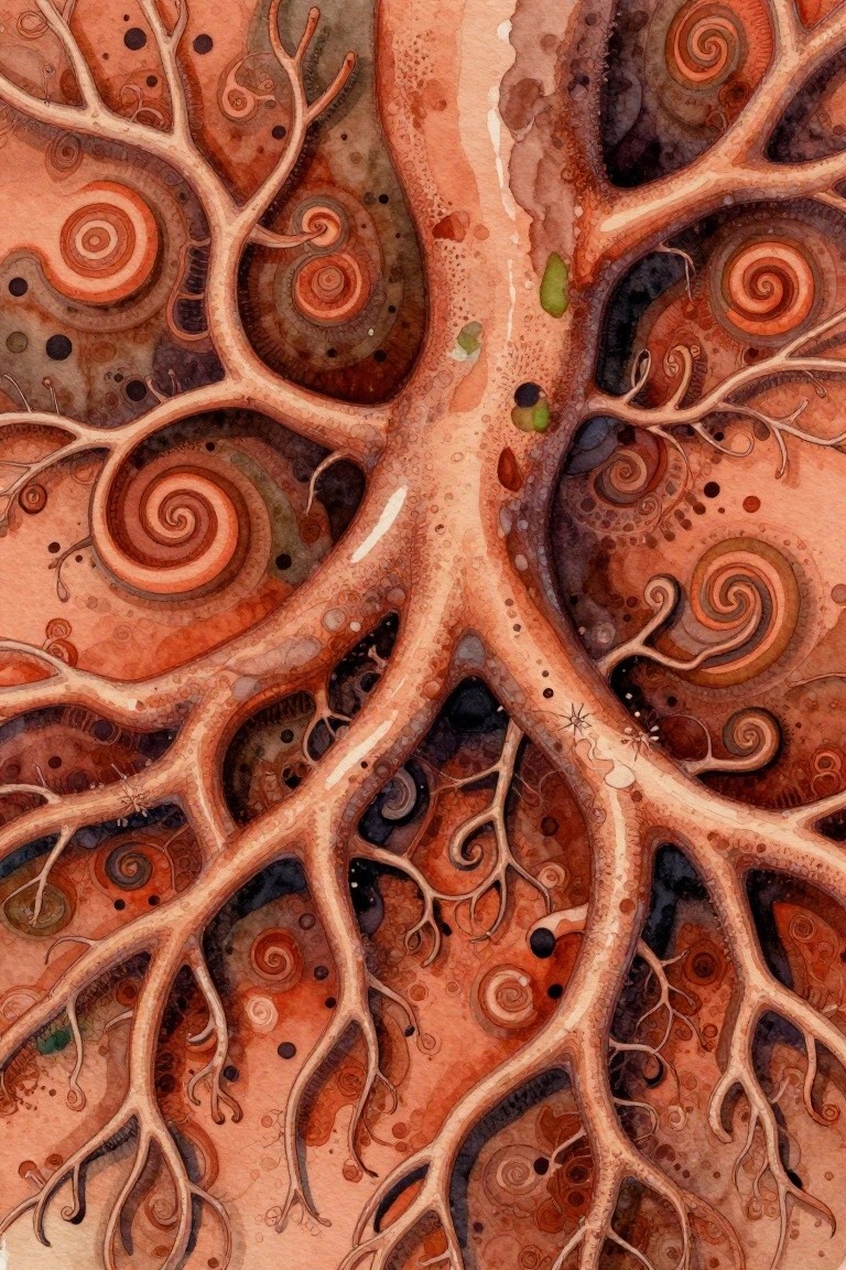 Intricate watercolor roots with swirling spirals in warm orange and brown tones.