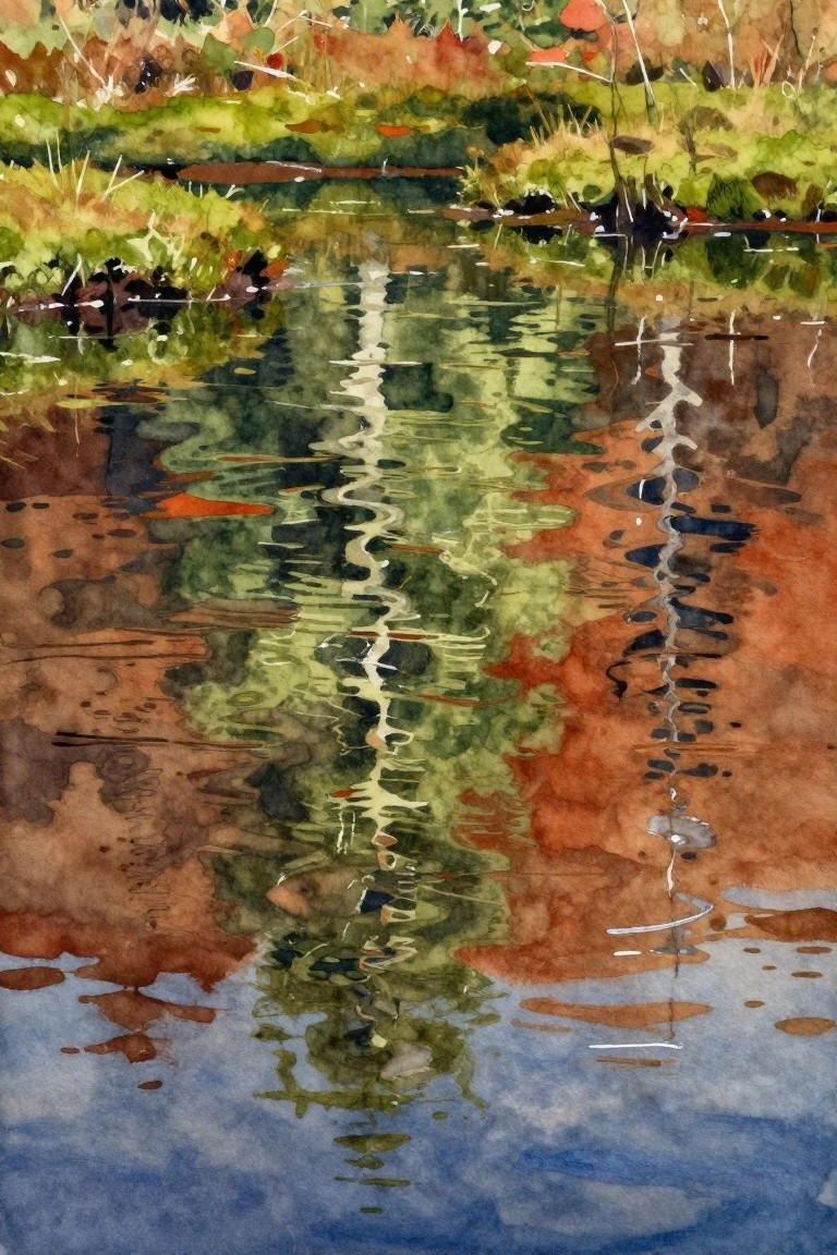 Vibrant watercolor of rippled water reflecting green and orange foliage banks