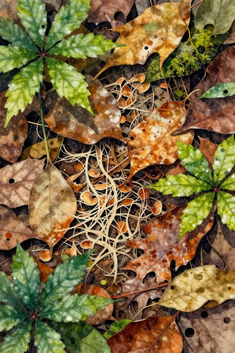 A close-up painting of brown and green autumn leaves scattered on the ground with white stringy fungal strands in the center.