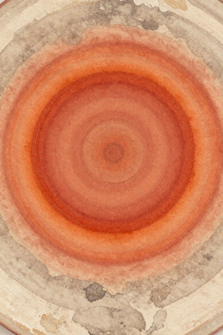 Concentric watercolor circles in warm orange, red, and gray tones with textured edges.