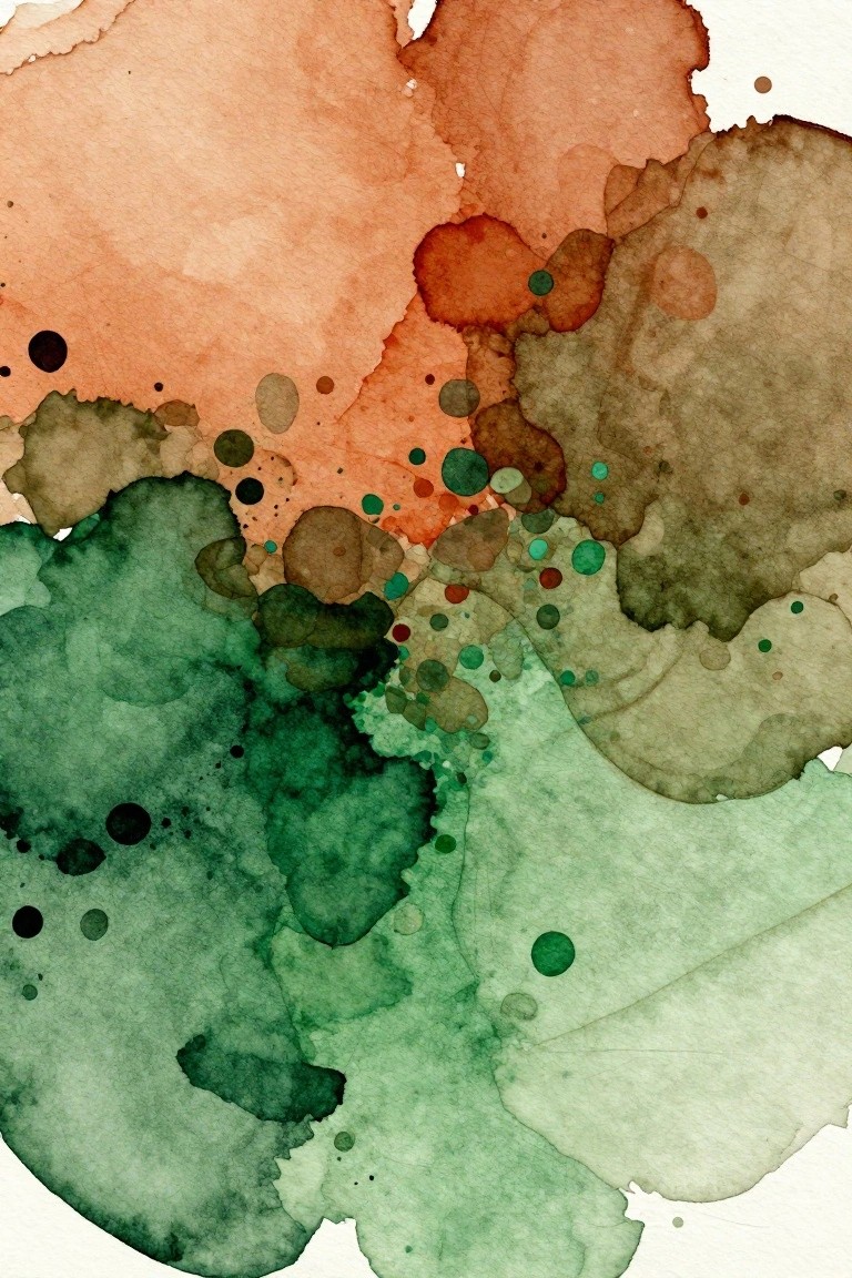 Abstract watercolor with blended orange, red, brown, green splashes and scattered dots.