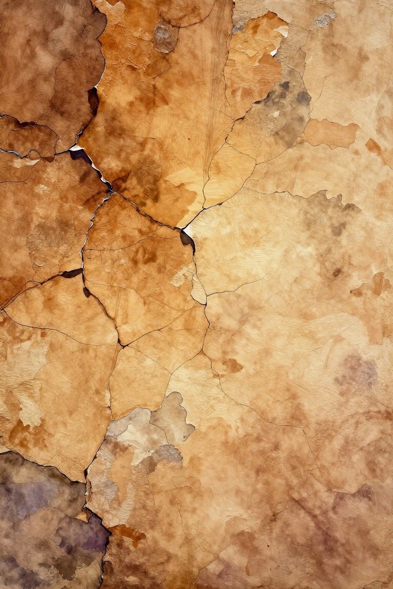 Close-up of an abstract surface covered in irregular dark cracks separating patches of brown, tan, and muted purple tones.