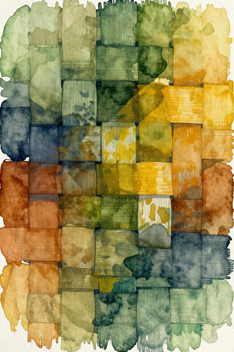 Watercolor woven grid pattern with overlapping strips in greens, yellows, and browns